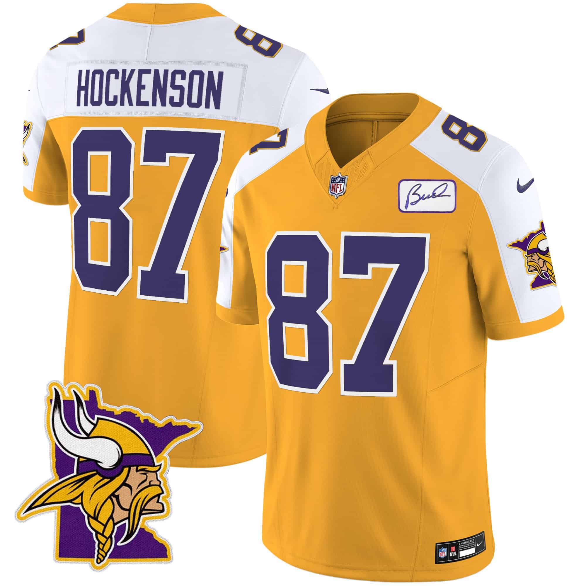 Men Minnesota Vikings #87 Hockenson Yellow 2024 Nike Patch Classic Limited NFL Jersey
